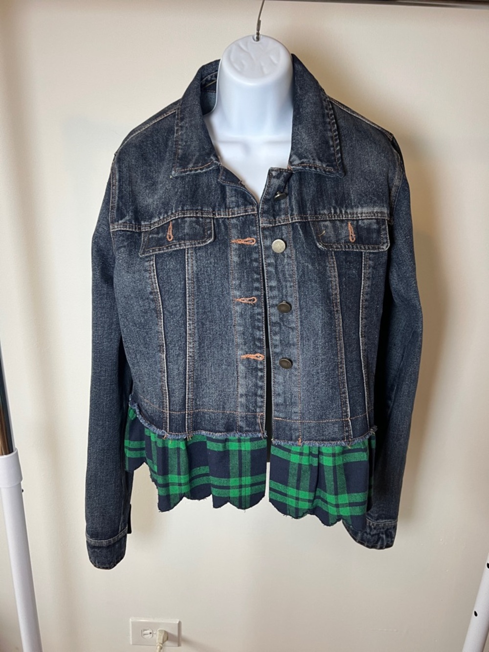 Dark Wash Denim Jacket with Green Plaid Ruffle Hem